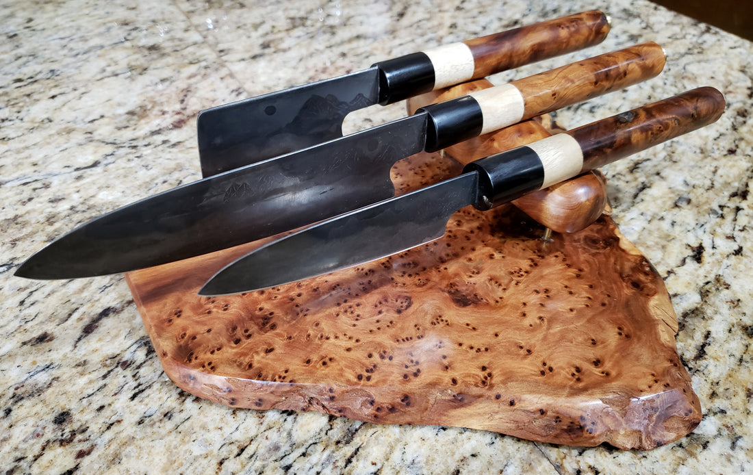 3-Piece Kitchen Knife Set with Wa Style Handles in Thuya Burl, Myrtle, and Buffalo Horn