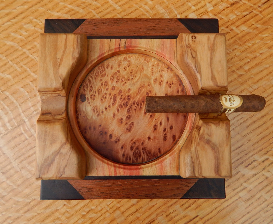 Ash Tray to Cigar Set in Redwood Burl, Jatoba, Ziricote, Indian Ebony, Olive, Box Elder