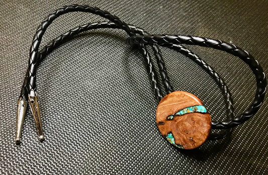 Bolo Tie in Asian Iron Burl and Crushed Turquoise
