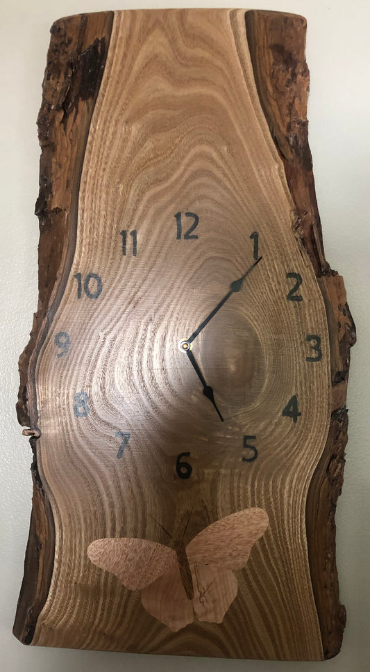 Catalpa live edge clock with butterfly inlay