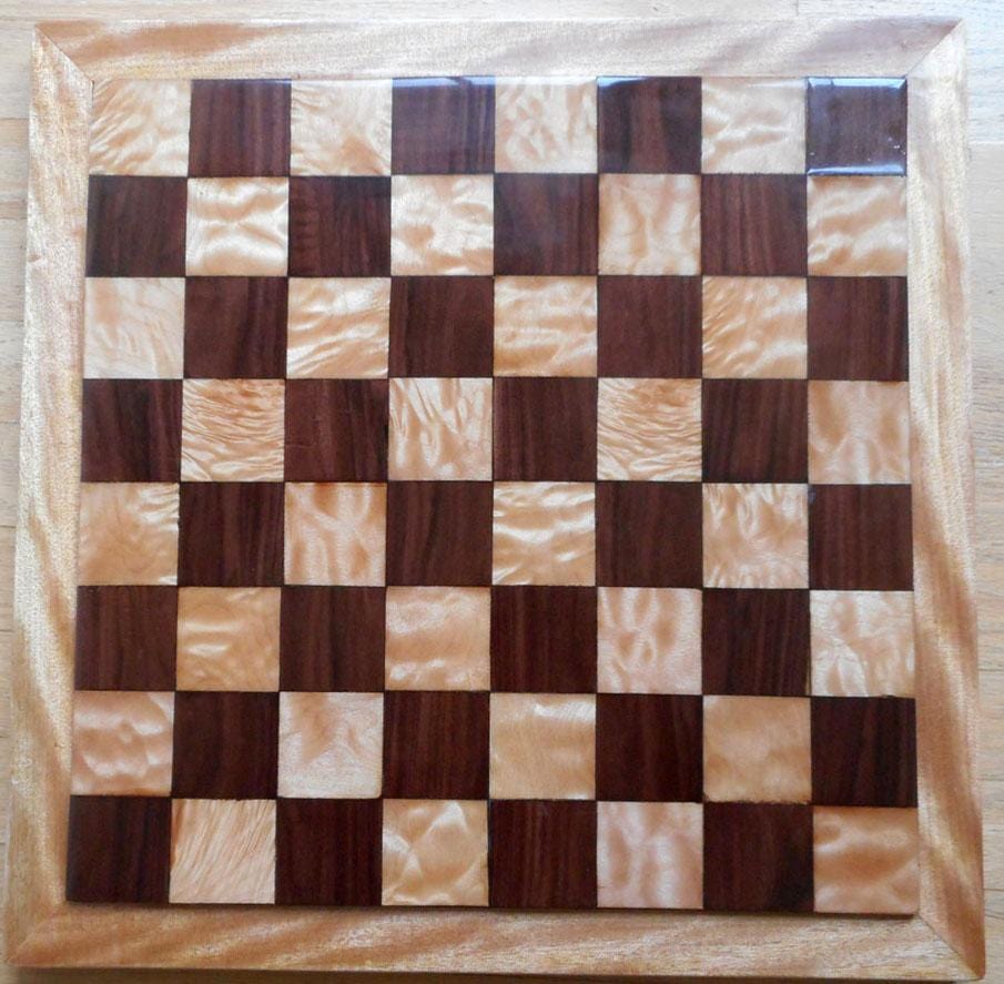 Chess Board in Quilted Maple, Bolivian Rosewood, and Figured Okoume