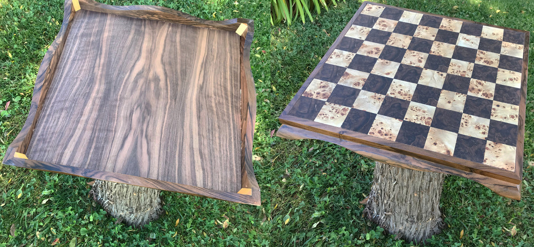 Chessboard with Black Walnut and Mappa Burl Veneers, English Walnut Frame, Ceylon Satinwood Glue Blocks and Figured Black Walnut Veneer back