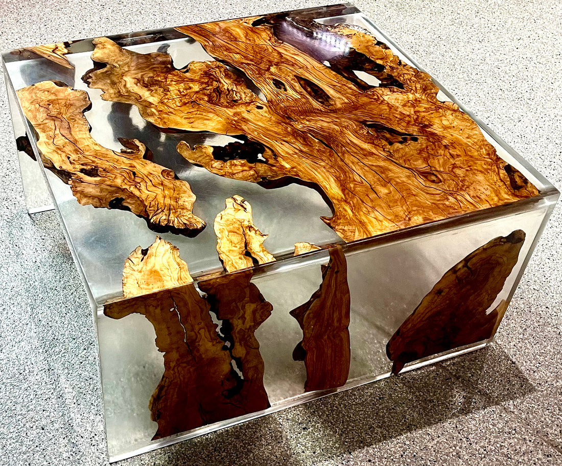 Coffee table made using olive slabs with double waterfall joints