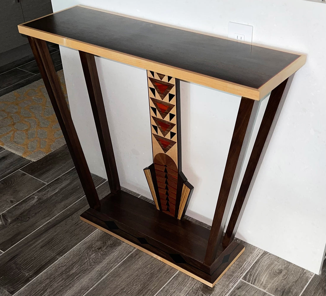 Console Table in Tropical Walnut, Hard Maple, Gaboon Ebony, and Padauk with inlays in Morada, Ebony, Padauk, Wenge, and Zebrawood and Hard Maple Backing