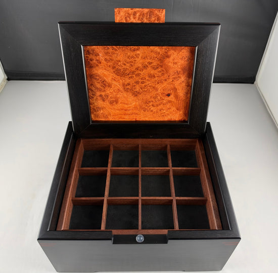 Custom Ring Box out of Gabon Ebony and Amboyna Burl
