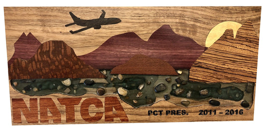 English Walnut with Mountains inlayed with Purpleheart, Lacewood, and Zebrawood