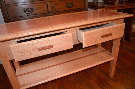 Table - Sirari wrapped with Quilted Maple, Drawers and Shelves with Curly Maple