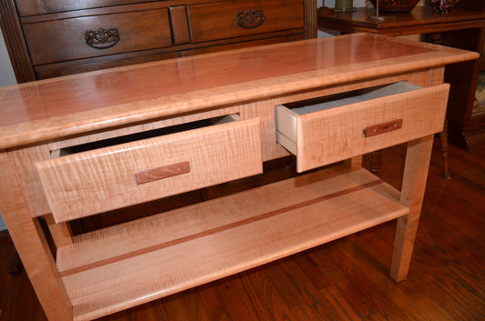 Table - Sirari wrapped with Quilted Maple, Drawers and Shelves with Curly Maple