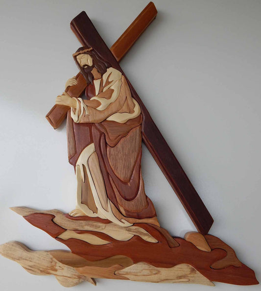 Jesus with Cross in Western Red Cedar, Red oak, Aspen, Walnut, Maple, Elm
