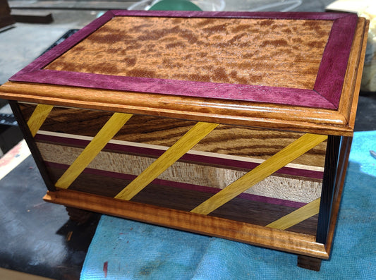 Jewelry Box in Maple, Purpleheart, Wenge, Yellowheart & Brazilian Mahogany with an Oak Burl Top