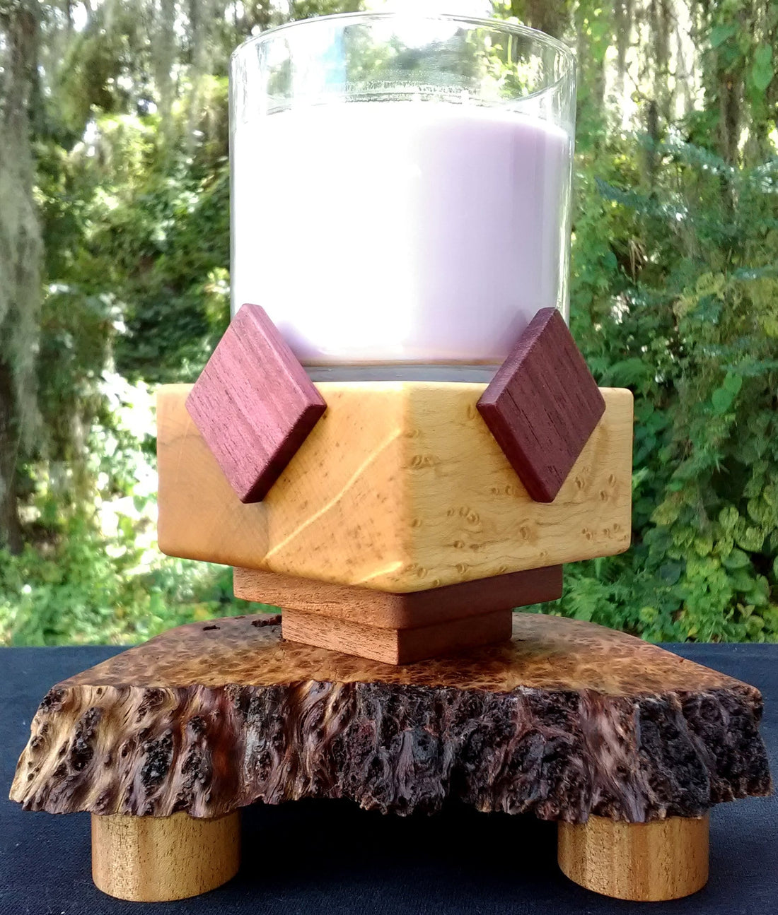Candle Pedestal in Purpleheart, Redwood Lace Burl, Bird's Eye Maple, and African Mahogany