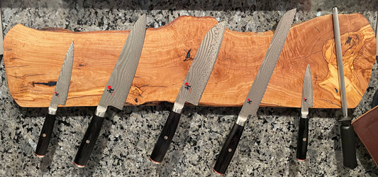 Live Edge Olivewood Magnetic Knife Board with epoxy fill