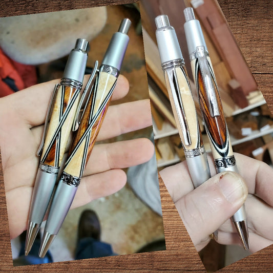 Pen and pencil set made with cocobolo and birdseye maple with holly and bog oak veneer layers