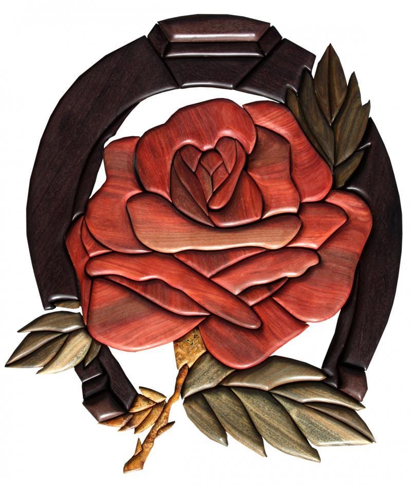 Intarsia Rose: Redheart, Vera, Katalox, Stabilized Maple