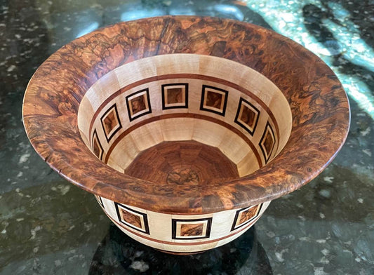 Segmented Bowl in Chechen Burl, Curly Maple, Wenge