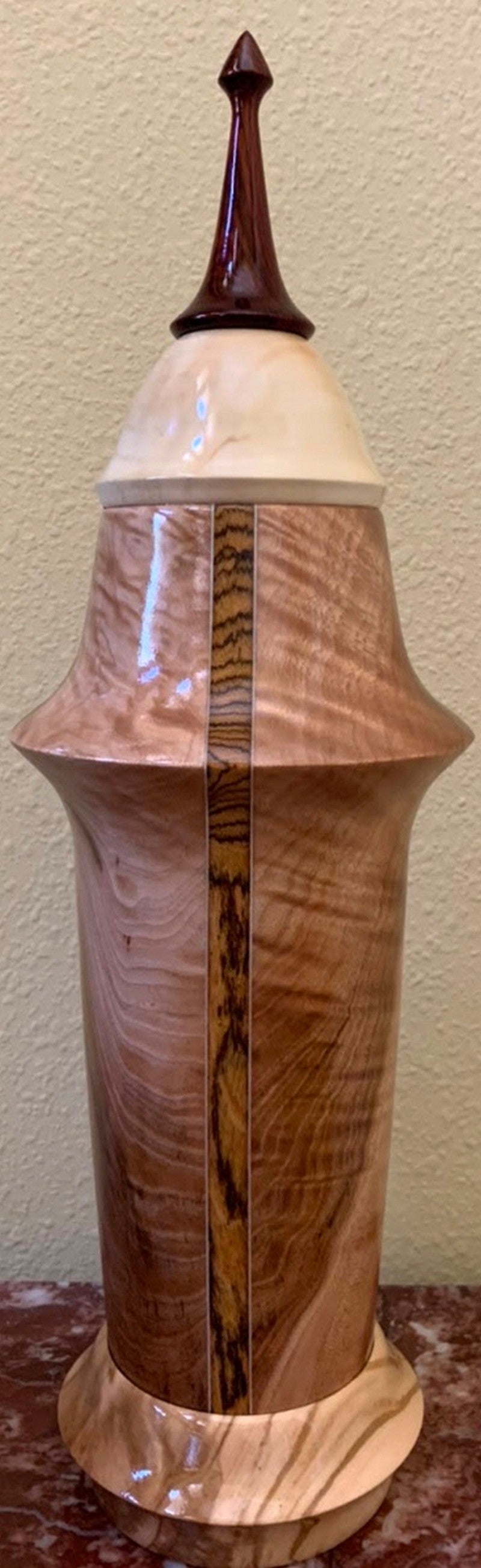 Vessel Blank in Figured Maple, Bocote Inlay, and Rosewood Finial