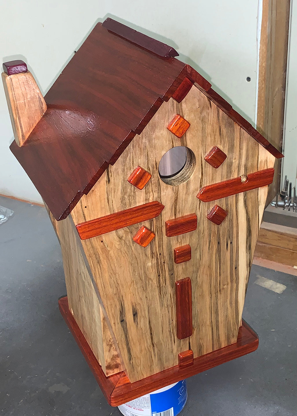 Woodpecker House in Figured Ambrosia Maple and African Padauk with a hint of Purpleheart